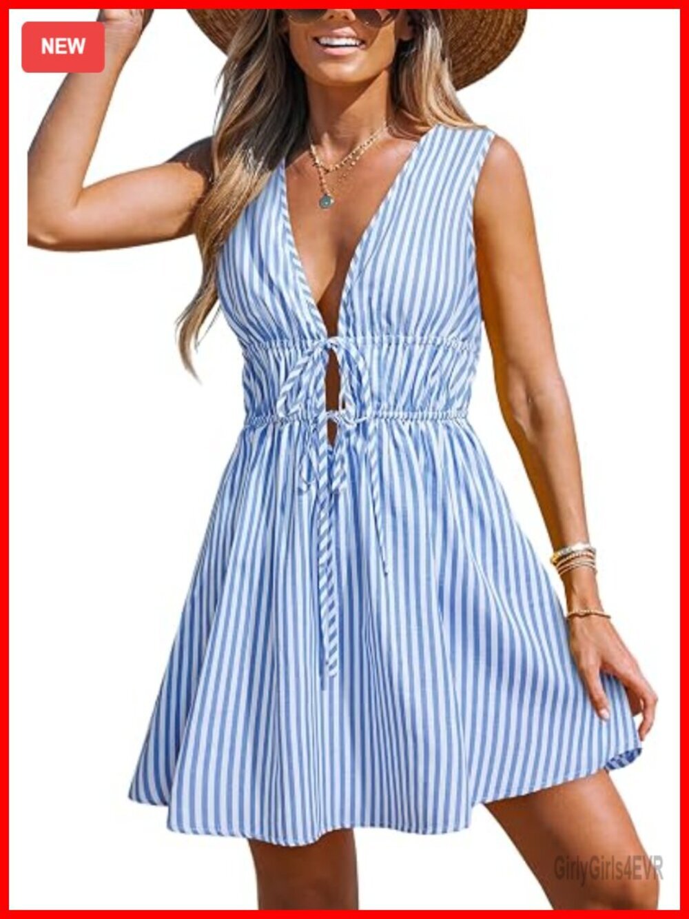 Striped V Neck Sleeveless Tie Front Mini Beach Cover Up Dress